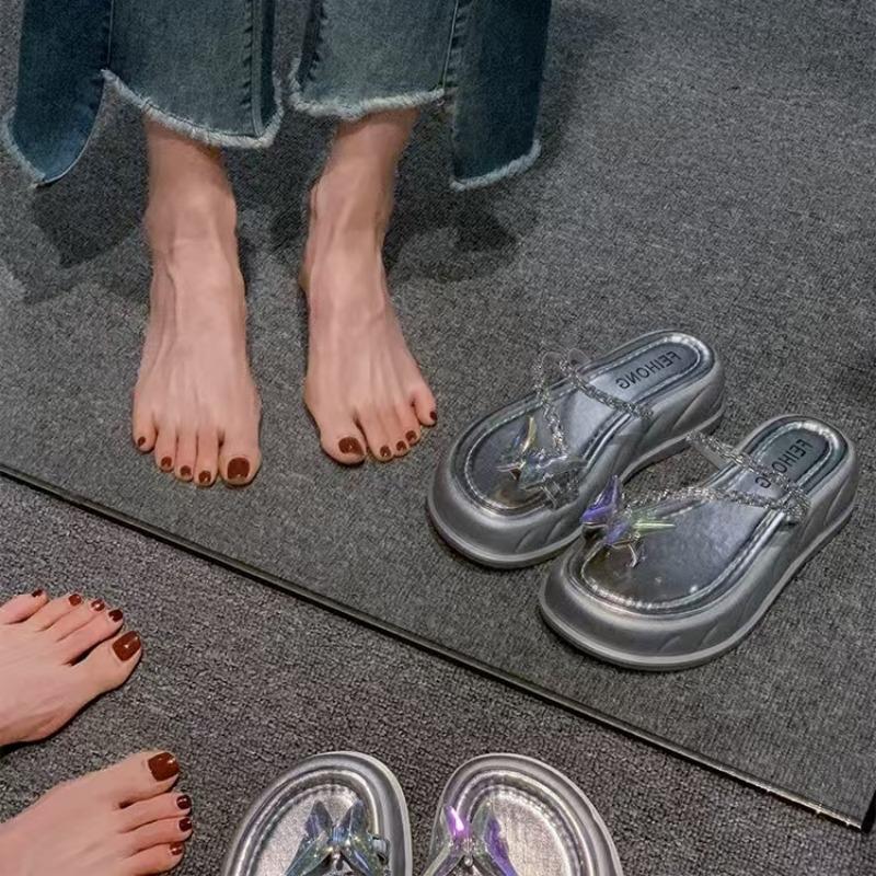 Fashion Women's Fashion Round Head Crystal Butterfly Toe Soft-soled Non-slip Flat Shoes Thick Soled Mid-heel Slippers