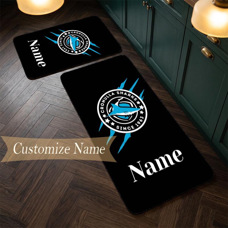 Cronulla Sutherland Sharks (1) Personalizowana flanelowa mata kuchenna z imieniem, miękki, antypoślizgowy dywanik kuchenny do dekoracji domu