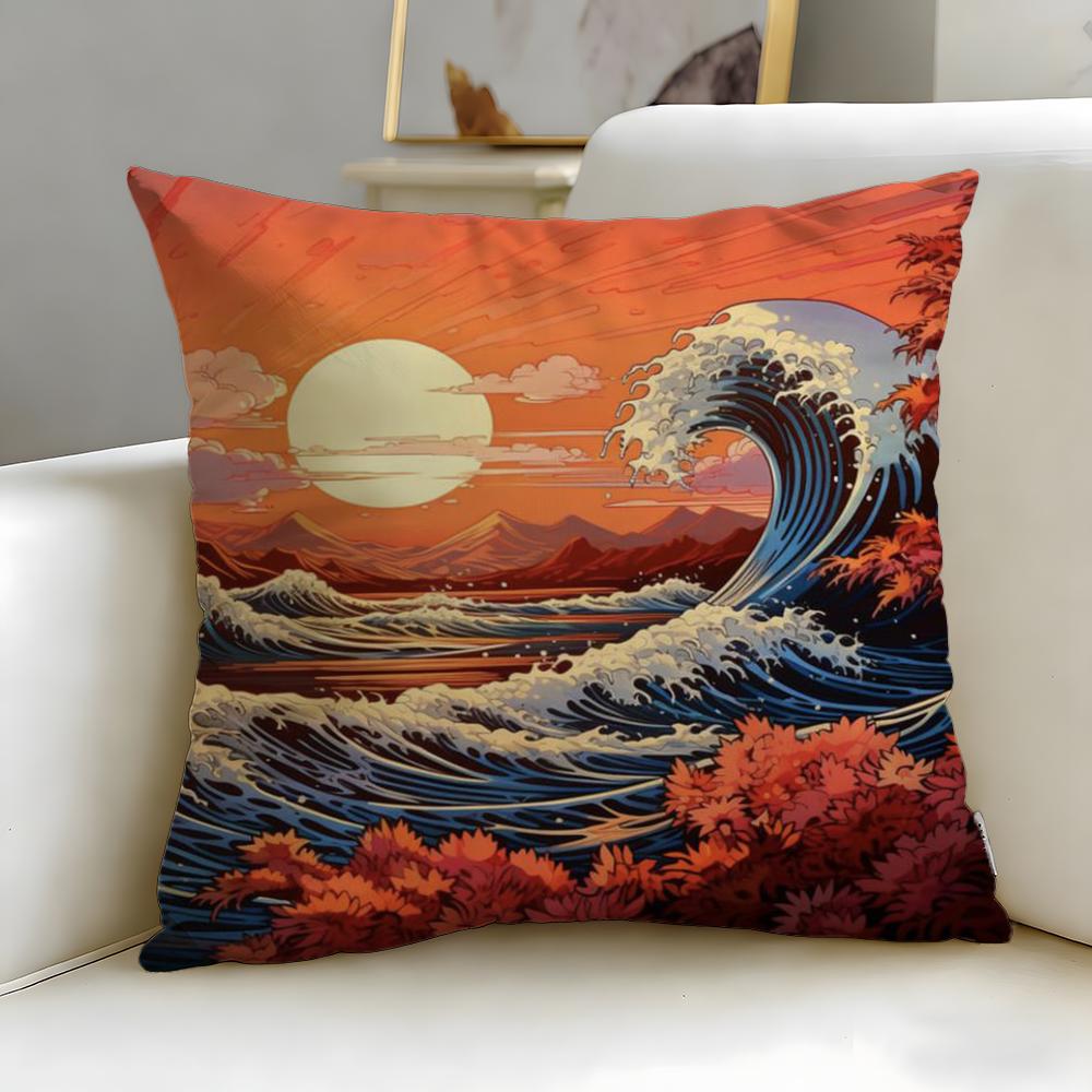 Classic Art Theme Japanese Waves Cushion Cover Soft  EasyWash Pillow Case  Versatile for Couch Bed Travel and Office