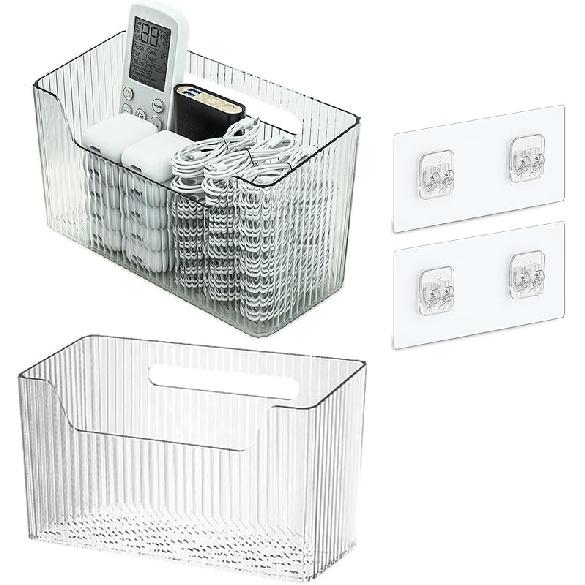 Set Of 2 Storage Organizer Bins Wall Mounted Shower Basket, Shower Caddy Stackable Clear Plastic Makeup Organizer Adhesive Hanging Bin for Bathroom,