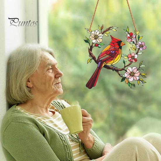Durable Wall Hanging 1/2Pcs Acrylic Red Bird Decoration, Standing on Flower Pastoral Home Decor Branch Ornament, Indoor Outdoor Window Theme Garden