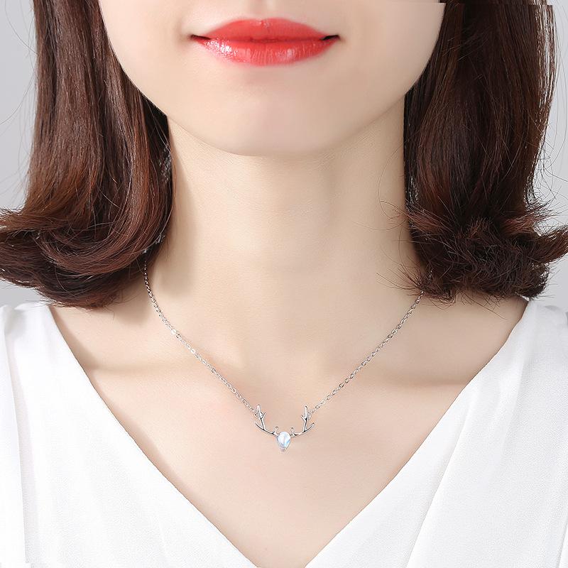 Colorful Moonstone Elk Antler Sterling Silver Necklace - Forest Style Christmas Gift