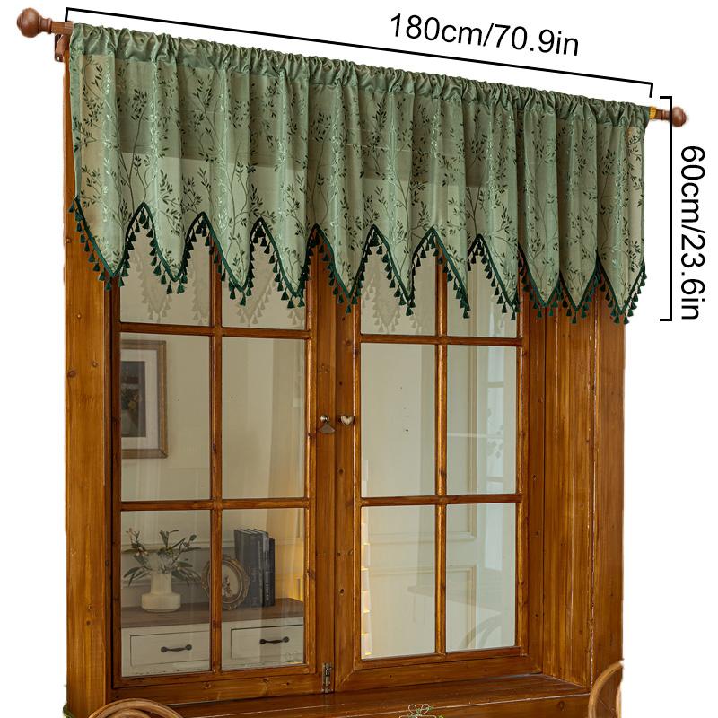 

1PC Bohemian Tassel Valance Short Curtain Rod Pocket with Tassel Countryside Half Curtain Wave-Shaped Lace & Jacquard темно-зелений колір