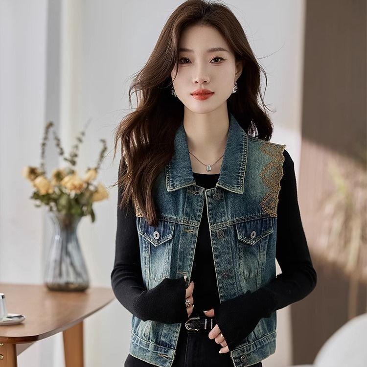Embroidered Denim Vest Jacket for Women Spring Autumn Sleeveless Chic Short Top