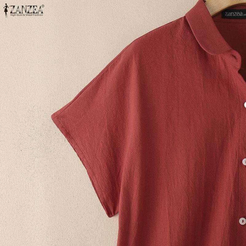 ZANZEA Damen Casual Turn Down Kragen Sommer Lose Kurzarm Bluse