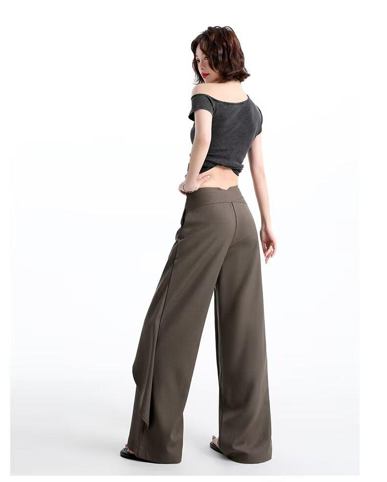 Women's Brown-Gray Wide-Leg Pants with Flowing Ribbons, 2026 New Style, Slimming, Good Drape, Casual Straight-Leg Suit Pants.