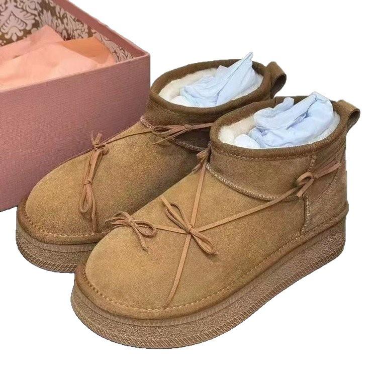 Bow thick-soled snow boots women's 2025 winter new leather integrated non-slip velvet thickened warm short boots