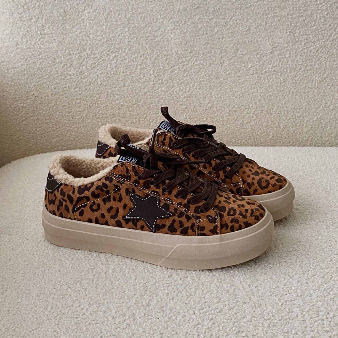 

Star leopard print board shoes women s small dirty shoes platform heightening velvet casual shoes student retro shoes winter warmth 40