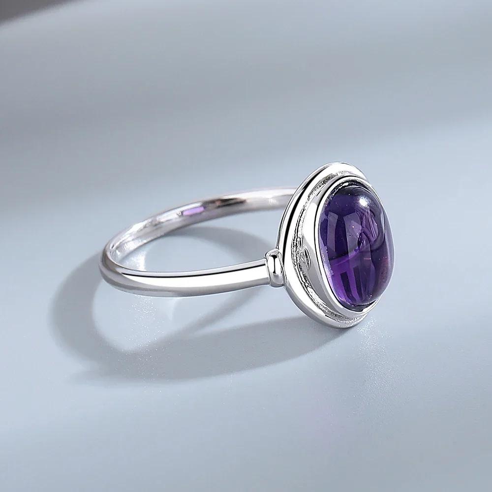 Vintage Carved Pattern Oval Purple Stone Rings, Amethyst Gemstone CopperPlating Ring, Women's Boho Fashion Jewelry Cross-Border