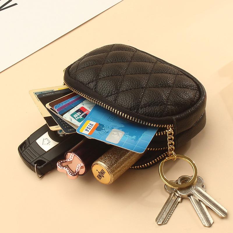 Rhombus Texture Key Ring Coin Bag Double Zipper Leather Small Change Bag Women's Mini Card Holder