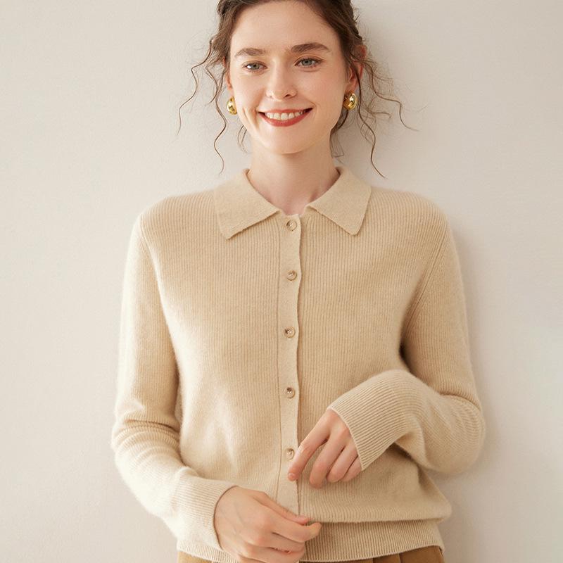 Women's Slim Fit Cashmere Polo Collar Cardigan - Comfortable Knitwear Coat for Autumn/Winter Fashion