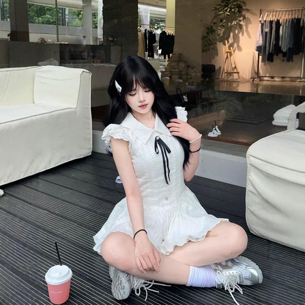 French Gentle Wind Design Bow Lace-up Dress Women's Summer New Temperament Sweet Tutu Dress