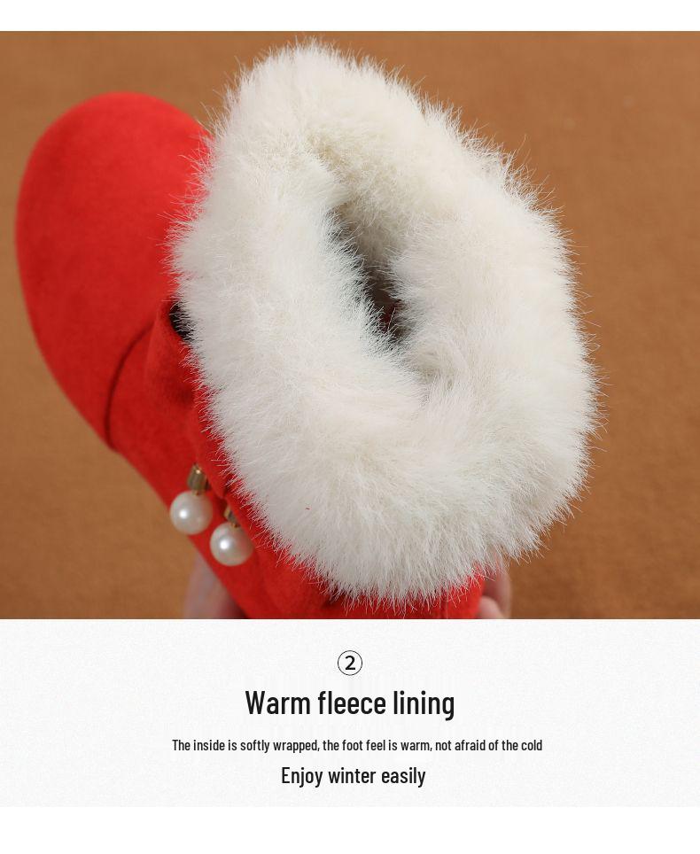 New Red and Black Girls' Cotton Princess Ankle Boots - Low Heel, Autumn/Winter