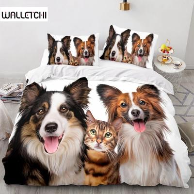 Dog Cat Bedding Set Animal Painting Dogs White Duvet Cover Double King Queen for Kids Boys Women Girls Men Bedroom Decorations
