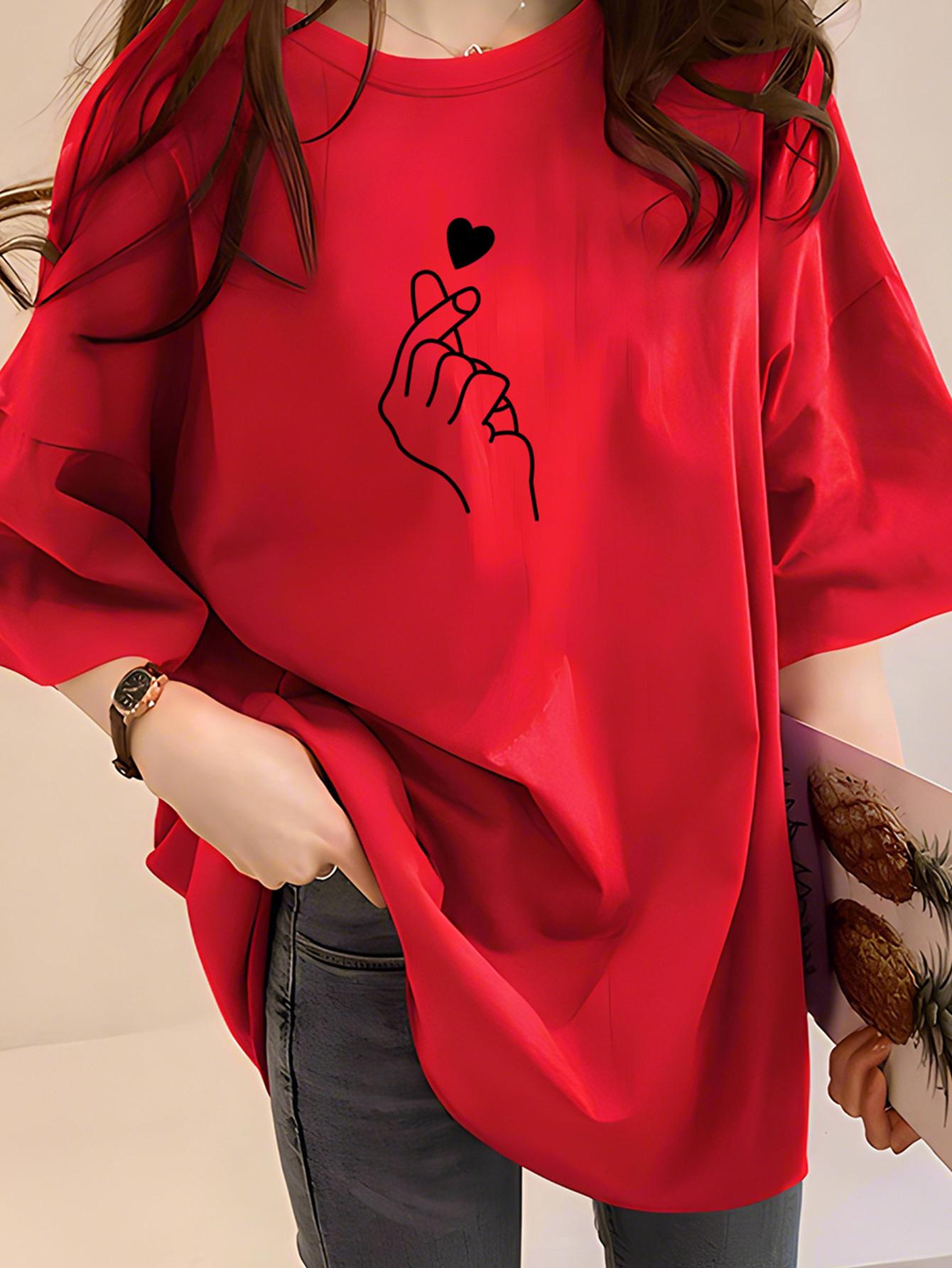 2026 Heart Graphic Printed Unisexs Tshirt Casual Round Neck Short Sleeved Tshirt Heart Gesture Harajuku Unisexs Clothing Top S