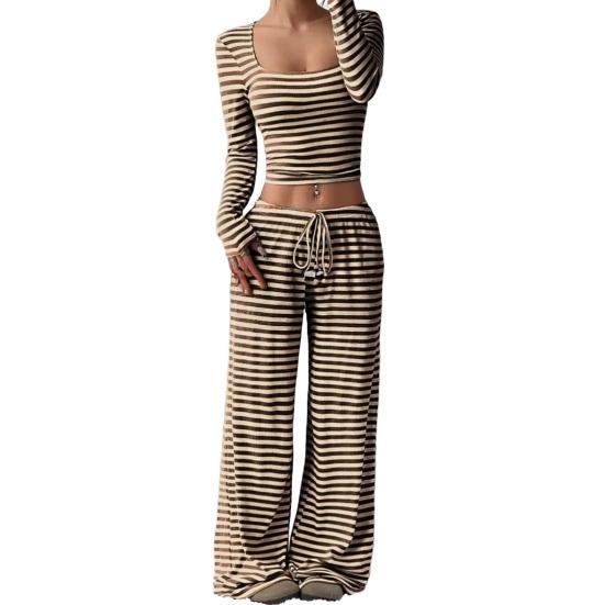 Women's Striped 2 Piece Outfits Long Sleeve Square Neck Cropped Top Drawstring Wide Leg Pants Set Casual Lounge Sweatsuits