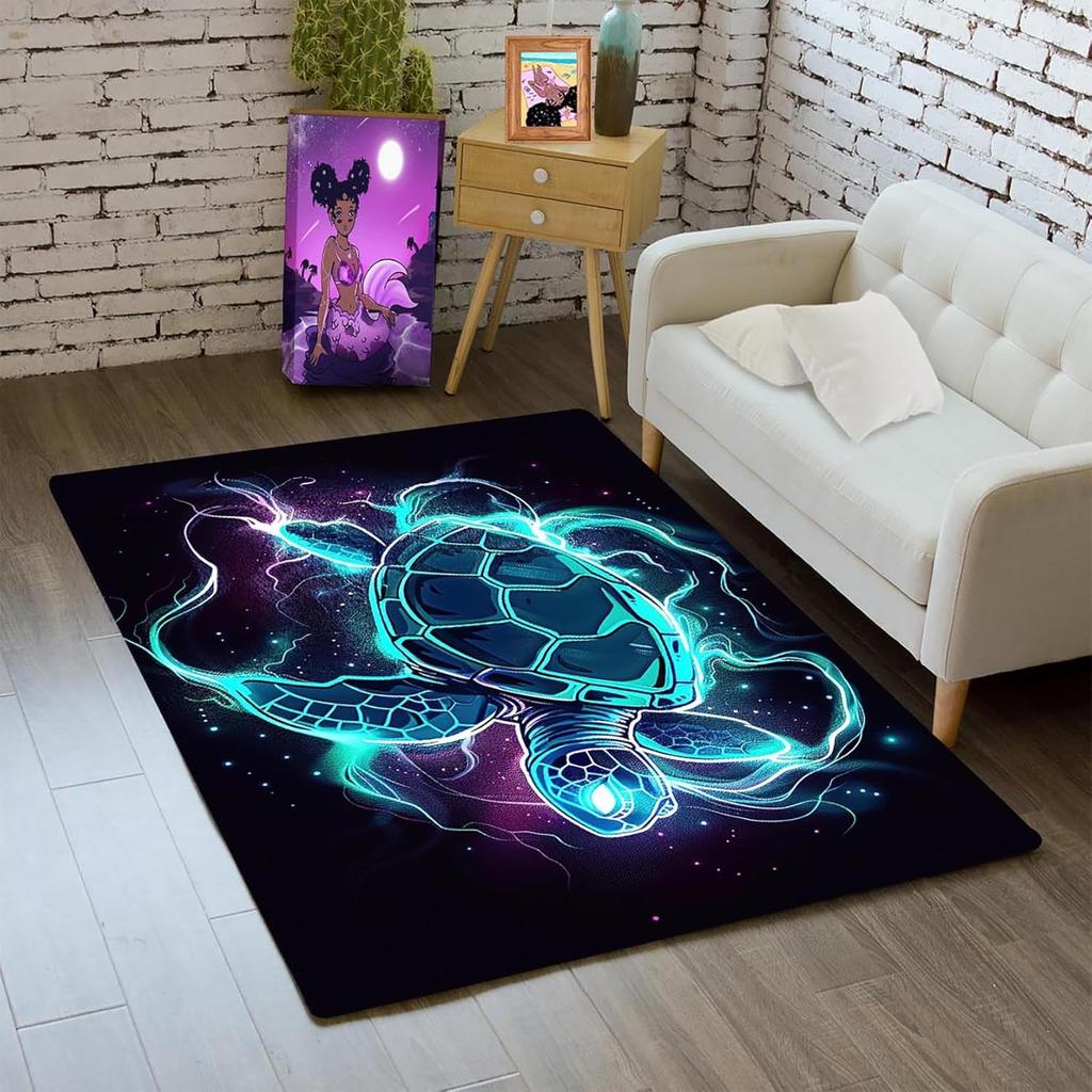 Green Sea Turtle Area Rug for Boys Bedroom, Ocean Animal Theme Carpet, Non-Slip Play Mat for Kids Living Room and Classroom