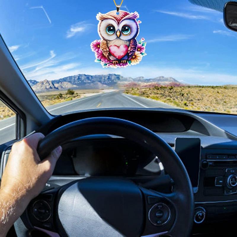 Mechanical Owl Car Pendant car Rear View Mirror Ornament Keychain Charm 2D Acrylic Mirror Ornaments Car Interior Accessories