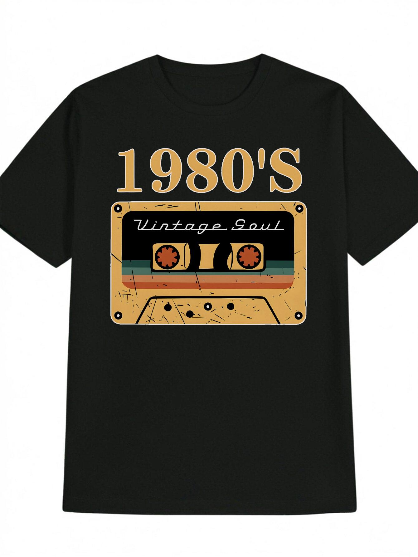 Vintage 1980s Soul Graphic T-shirt - Black Casual Round Neck Tee with Retro Cassette Tape Design S