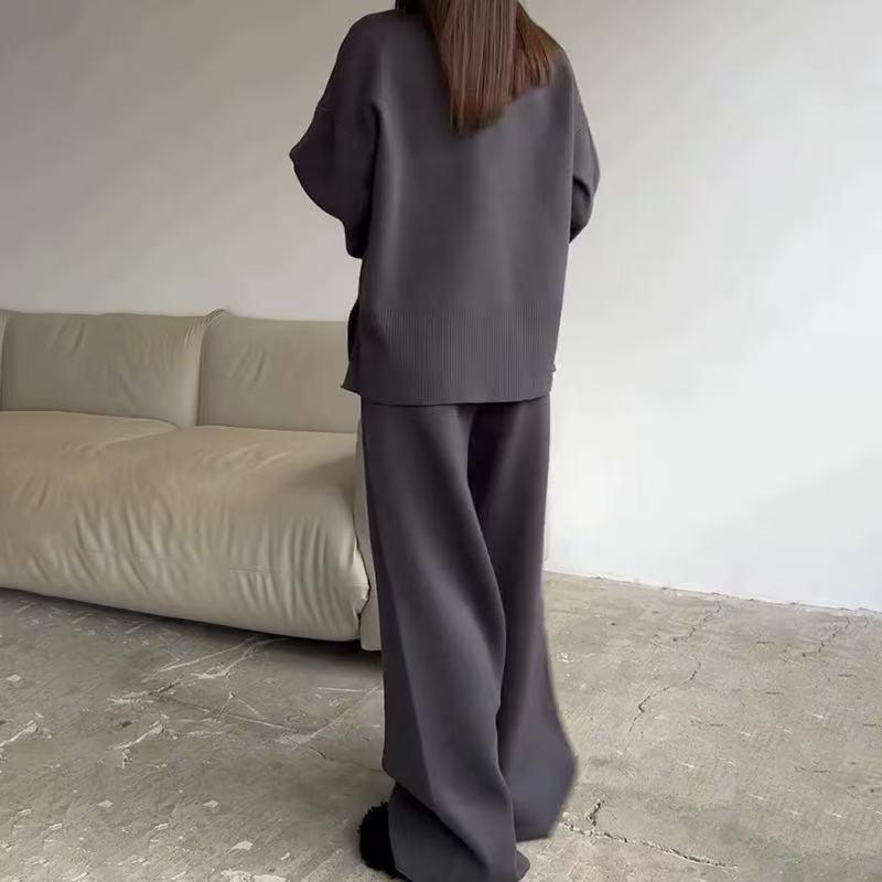 European & American Style Women's Solid Color Long Sleeve Wide Leg Pants Sweater Set