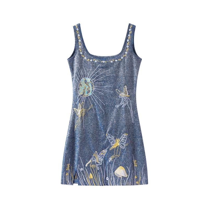 

Вышитое блестящее платье на бретельках с квадратным вырезом и принтом, модное платье с высокой талией, без рукавов, с открытой спиной, на бретельках, короткие платья M синий