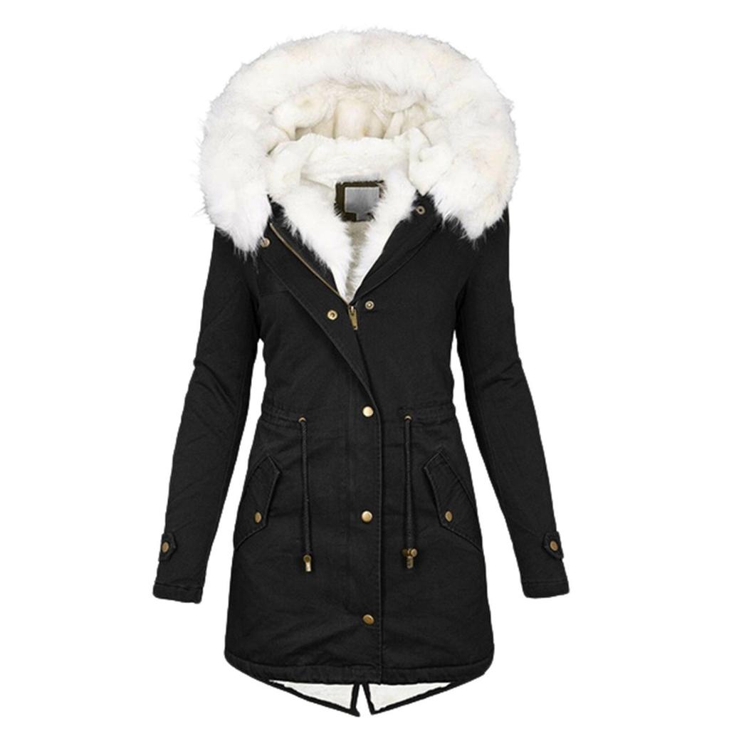 Women's Autumn/Winter Mid-Length Trench Coat with White Fur Collar and Hooded Warm Fleece-Lining