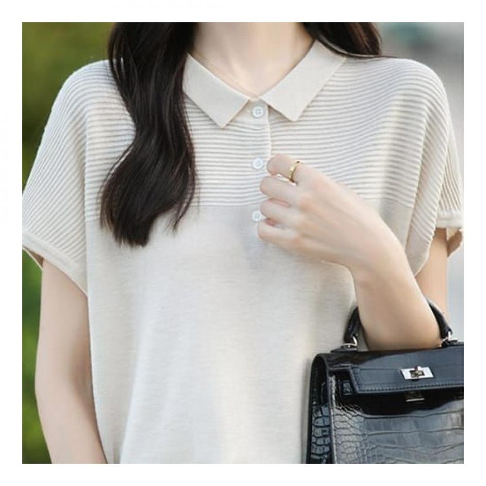 Navava Women Simple Rib Cap Sleeve Collar KniT T shirT Nk2212