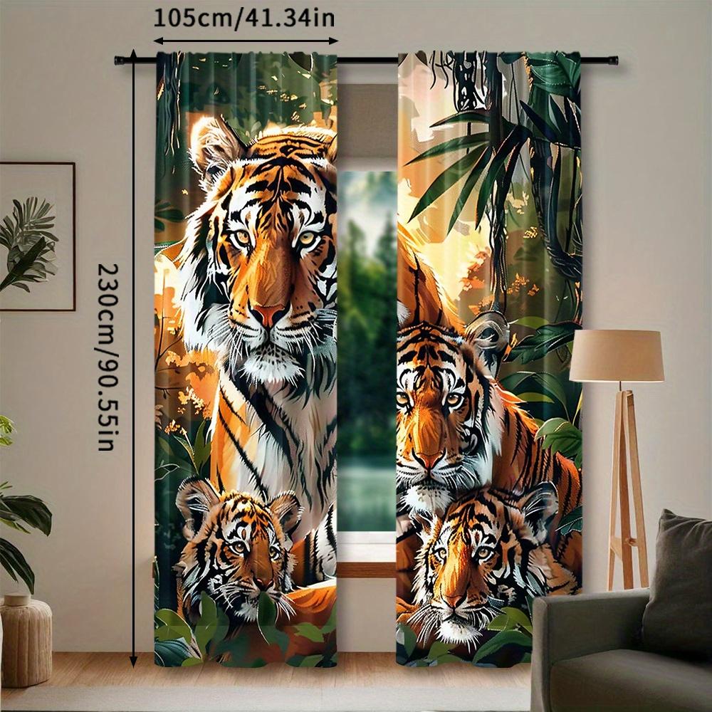 2pcs, Tiger Print Curtains, Rod Pocket Window Treatment, for Bedroom Living Room, Home Decoration, Room Decoration