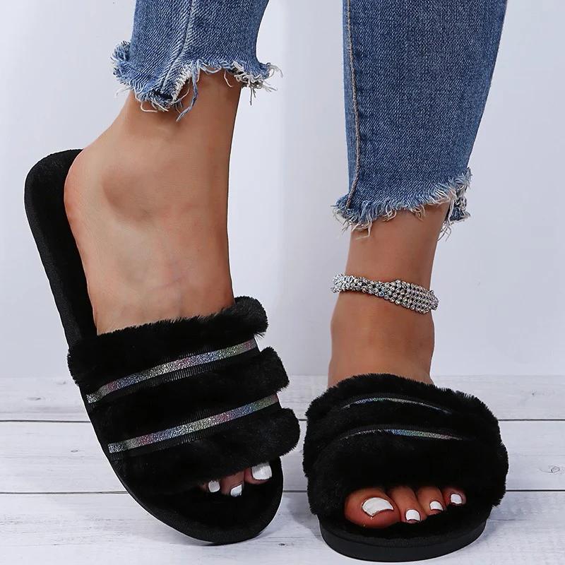

Fashion Stylish Sequins Decor Slippers for Women House Furry Flat Slippers Woman Indoor Non Slip Wear-Resistant Sandals Female 40-41 чёрный