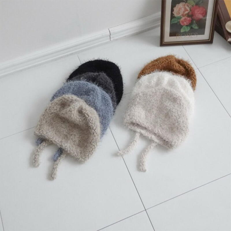 Women s Angora Boucle Knit Hat Winter String Poggle Light green