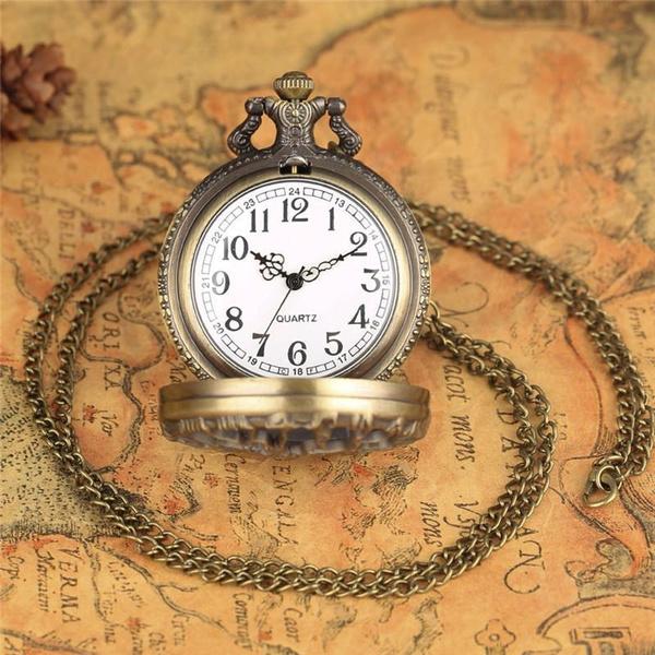 Steampunk Retro Bronze Hollow Tree of Life Quartz Pocket Watch with Fob Chain Women Watch Pendant Necklace Chain Men Gift