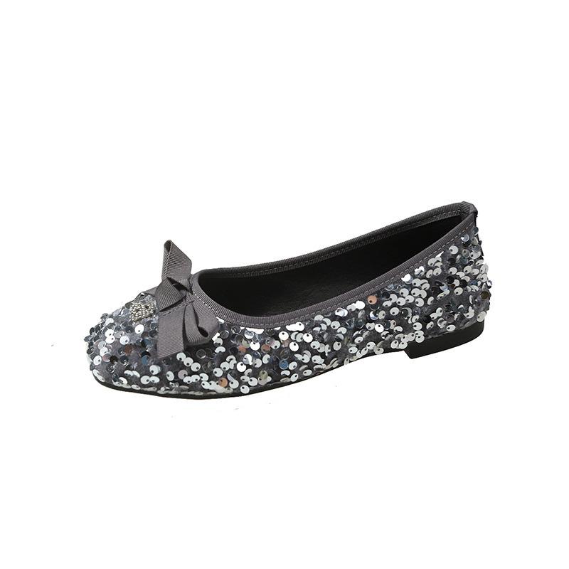 Sequined single shoes women's spring retro bow flats gentle grandma beanie shoes
