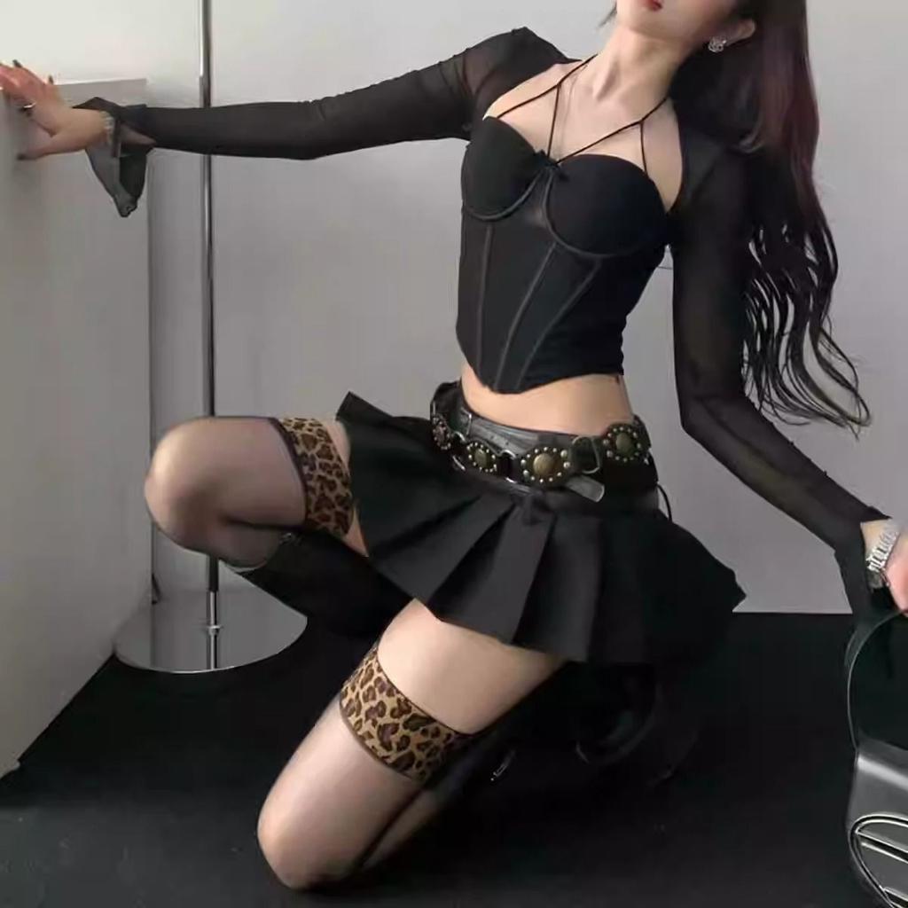 Summer Black Thin Stockings Women'S Knee Socks Non-Slip Sexy Black Silk Tall Tube Leopard Print Splicing Through Meat Babes