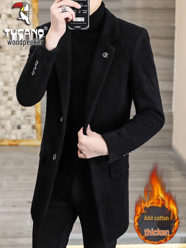 Men's Mid-Length Woolen Trench Coat - Gold Sable Velvet, Thickened, Winter Lapel Style