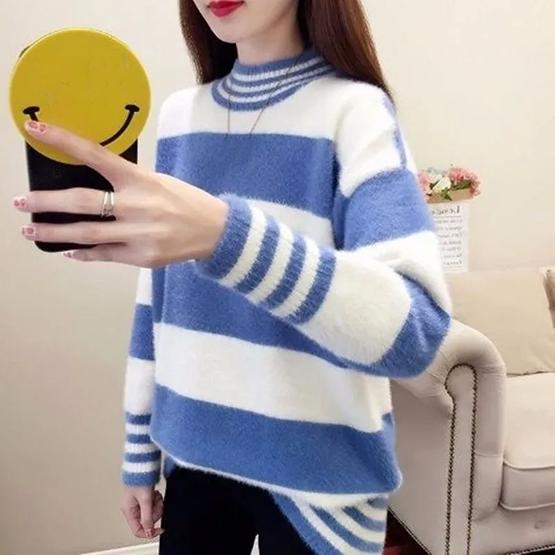 WTEMPO Autumn Winter Imitation Mink Half High Collar Thick Warm Pullover Sweaters Women Large Size Versatile Stretchy Striped Sweaters