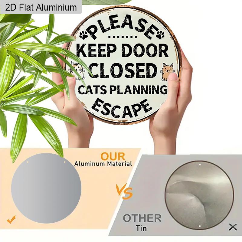 2D Flat Aluminum Cat Sign for Front Door, Keep Door Closed Sign for Home Front Door Wall Hanging Decor, Cat Warning Sign Decoration, Beware of Cat