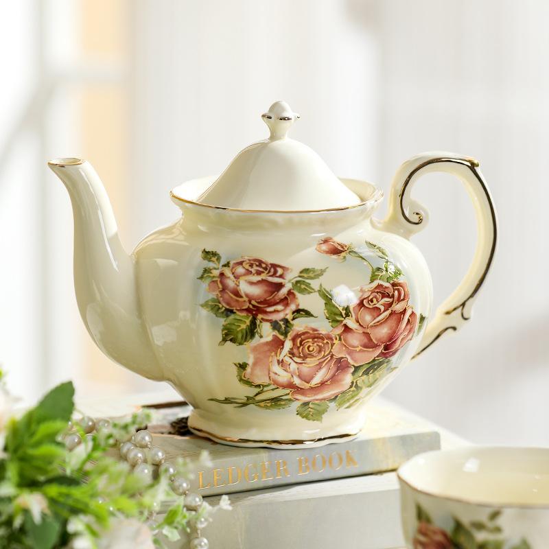 Retro Rose Flower Coffee Cup and Saucer Set- Ceramic Teapot and Tea Cup with Gold Trim, Suitable for Tea Party Gifts ( 2 Cup and 1 Teapot)