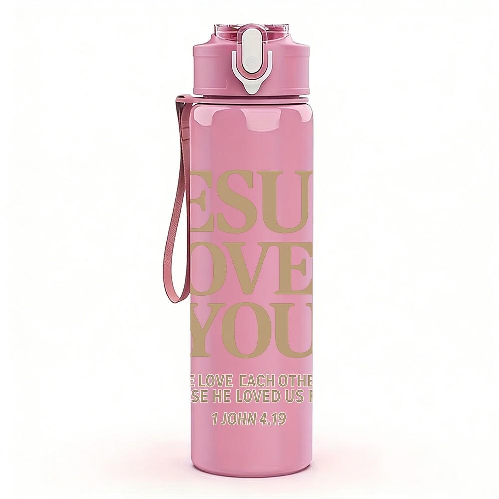 1PC Jesus Loves You Text 750ml Color Plastic Sports Water Bottle Leakproof Flip Straw Lid Suitable for Sports Office Home Use