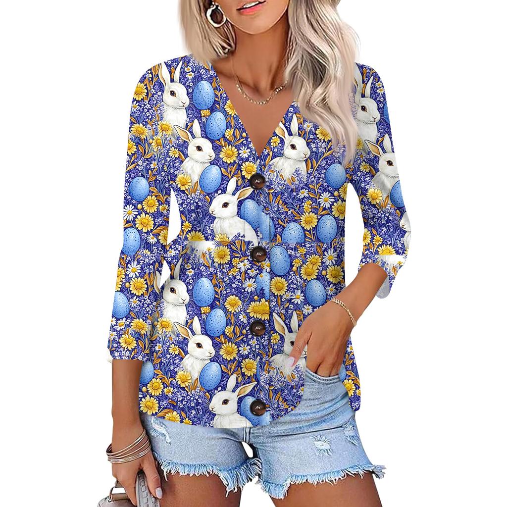 Women's Fashion Casual Print Button-down Shirt 3/4  Sleeve Tops