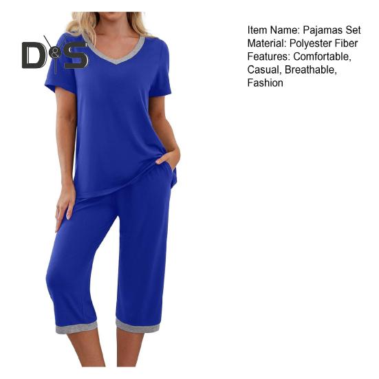 Women's Pajama Set Short Sleeve V-Neck Top And Wide Leg Cropped Pants 2 Piece Lounge Set Casual Summer Sleepwear with Pockets