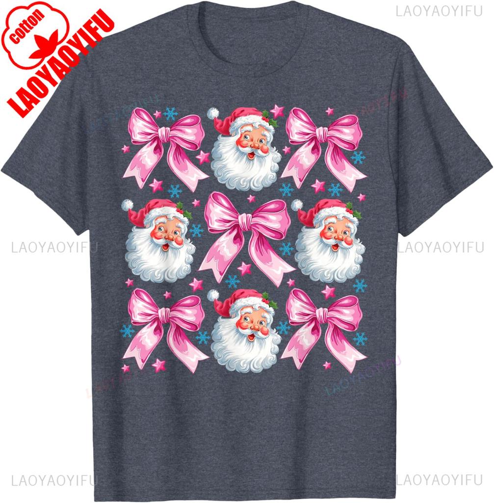 Retro Groovy Coquette Bow Pink Christmas Tree Women Kid Girl TShirt Kawaii Clothes High Quality Cotton Ropa Mujer Casual Style