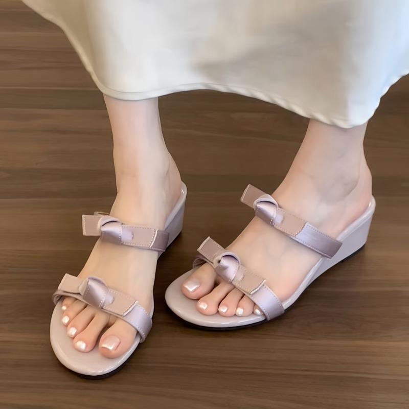 Women's Slope Slippers Summer New Round Head Open Toe Butterfly Knot Soft Sole Anti-slip Wear-resistant Sandals