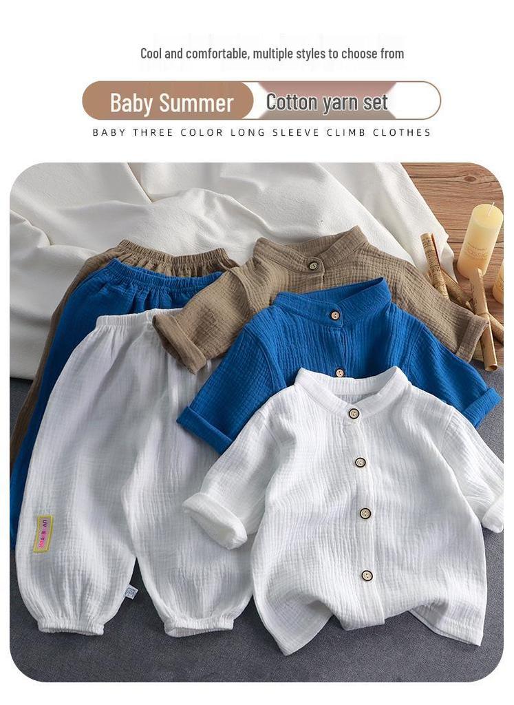 Kids' Stand Collar Cotton Gauze Summer Set - Lightweight Homewear for Boys & Girls