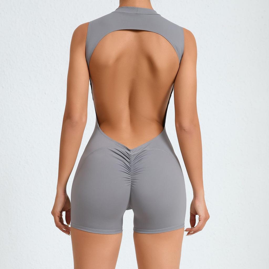 Women Sexy V Back Scrunch Sports Jumpsuit for Gym, Backless Workout One-Piece Suit, Fitness Short Rompers Bodysuits