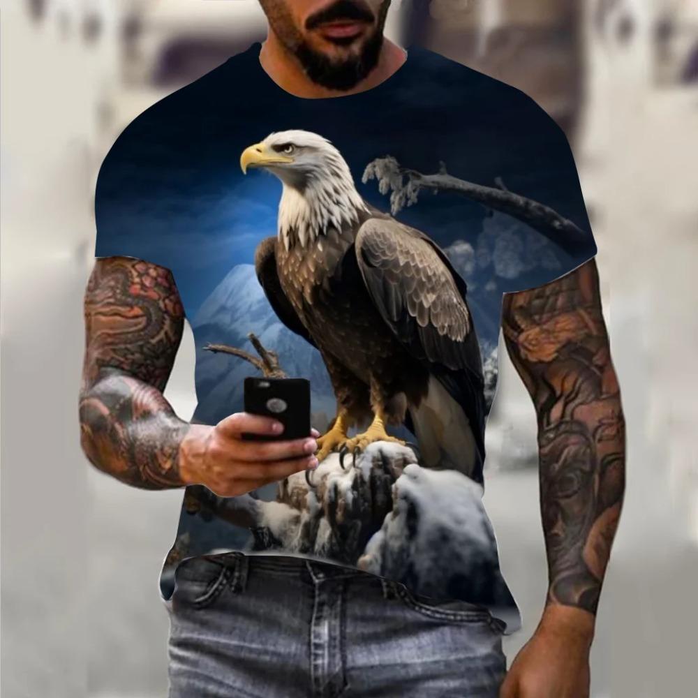Koszulka męska Harajuku Hip Hop Trend Street Casual Okrągły dekolt Krótki rękaw Luźny Top Zabawny 3D Animal Eagle Print Koszulka
