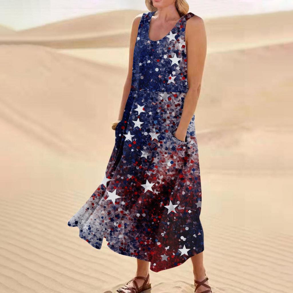 Women's Fashion Casual Independence Day Print Sleeveless Cotton Linen Pocket Dress