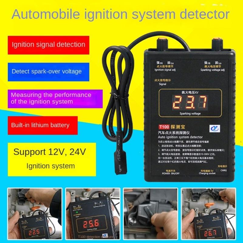 Engine Coils Tester T100, Comprehensive Car Ignition Systems Diagnostic Device Battery Voltage Checking for Professional