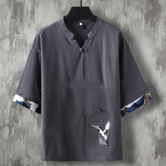 

Футболка Me в стиле ретро, ​​китайский стиль, стенд, пуговицы, птица, воротник с короткими рукавами, вышивка, костюм Тан, свободный однотонный принт