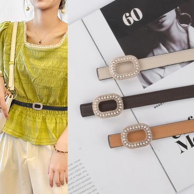 Lychee-patterned Top Layer Cowhide Women's Belt Inlaid with Pearl Rhinestones Women's Casual Jeans, Thin Style, Usable On Both Sides