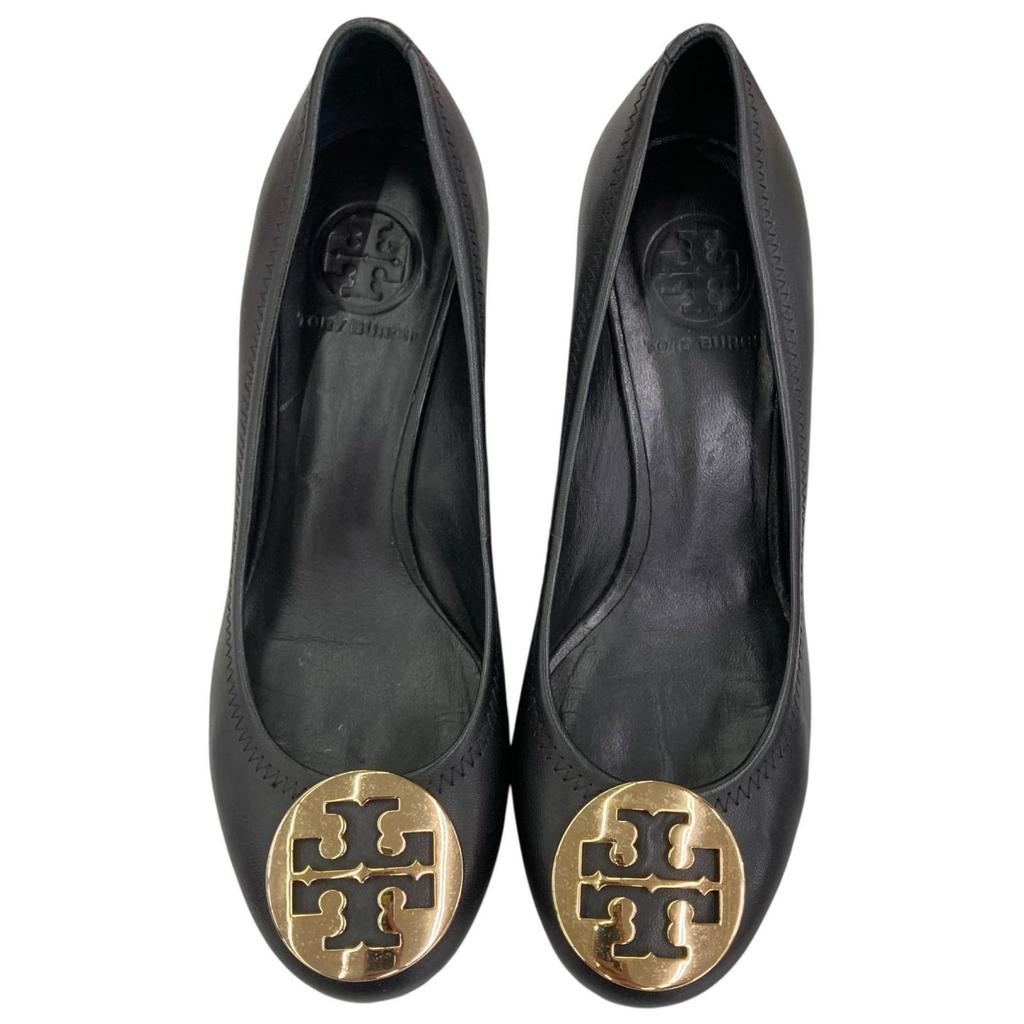 Used 186005 As-is Item Tory Burch Pumps 24cm Black Double T Logo Leather Equivalent To 24.0cm for Women